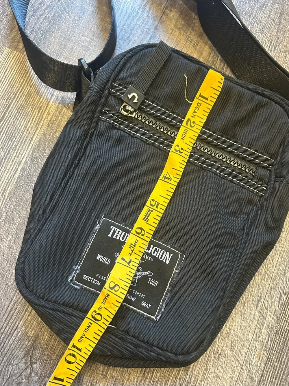 True Religion Black Canvas Belt Bag with Front Zip and Logo Patch